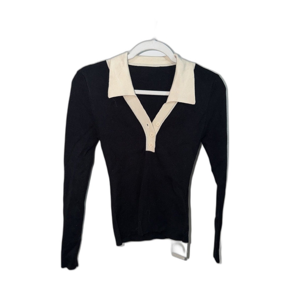 COMMENSE Contrast Collar Ribbed Knit Top Womens S Black Ivory Polo NEW WITH TAGS - Picture 3 of 5